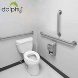 Dolphy stainless steel grab rails installed around a toilet in an accessible washroom