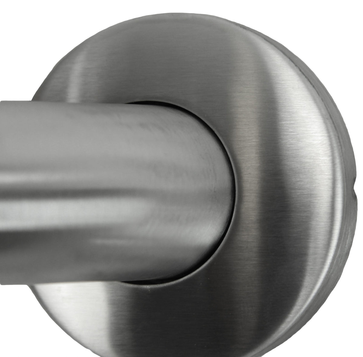 Close-up of the brushed stainless steel wall flange on the Dolphy grab rail