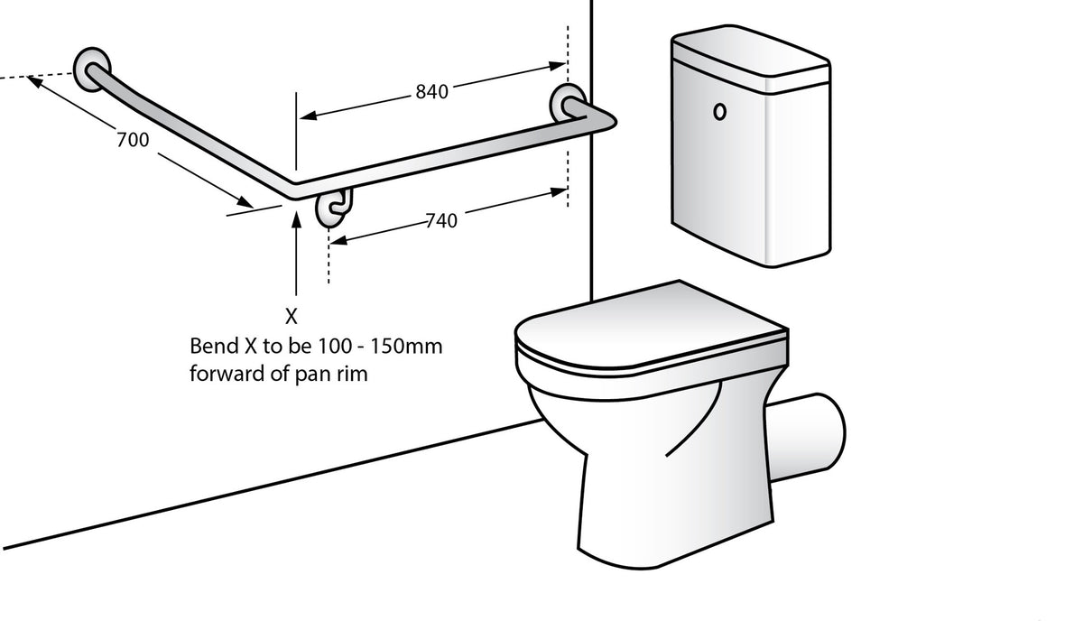 Installation diagram for the Dolphy 30 degree flush mount grab rail beside a toilet