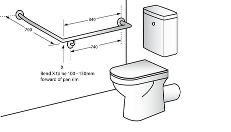 Installation diagram for the Dolphy 30 degree flush mount grab rail beside a toilet