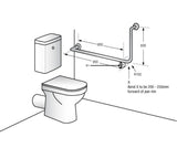 Installation diagram for the Dolphy left-hand 90 degree grab rail beside a toilet