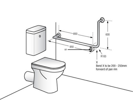 Installation diagram for the Dolphy left-hand 90 degree grab rail beside a toilet
