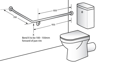 Installation diagram for the Dolphy 30 degree grab rail beside a toilet