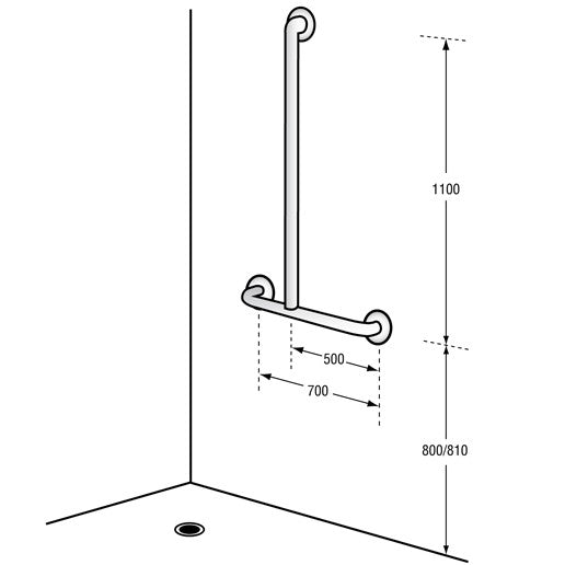 Dolphy offset grab rail installation drawing: 1100 mm vertical rail, 700 mm horizontal