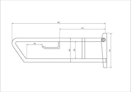 Dolphy pull-down grab rail with toilet roll holder, line drawing with dimensions