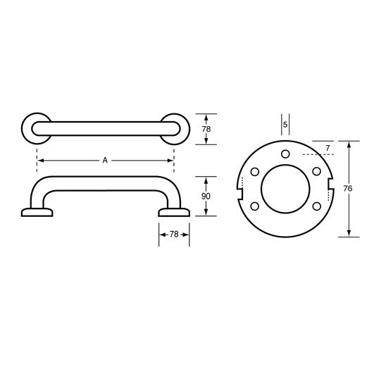 Dolphy straight grab rail drawing showing the flange, tube and centre-to-centre length