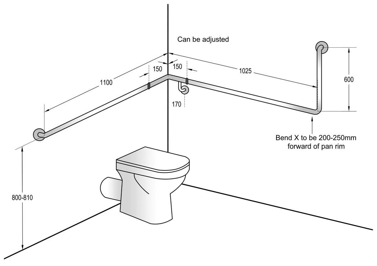 Installation diagram for the Dolphy 90 degree flush mount grab rail in a toilet corner
