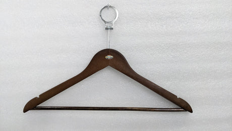 Dolphy brown timber security hanger with trouser bar, notched shoulders and anti-theft ring