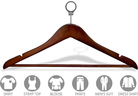 Dolphy brown wooden security hanger with anti-theft ring, suits shirts, tops, blouses, pants and men's suits