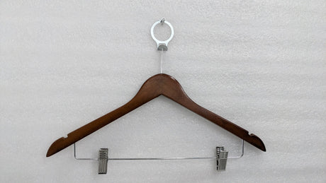 Dolphy brown wooden security hanger with anti-theft ring and two trouser clips