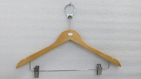 Dolphy natural wood security hanger with anti-theft ring and two trouser clips