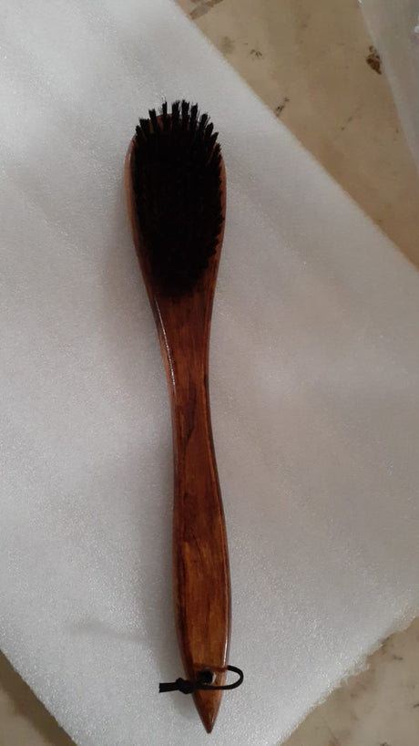Dolphy cherry wood shoe brush with black bristles and leather thong, real photo