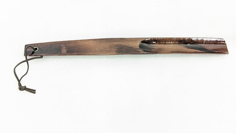 Dolphy 445 mm wooden shoe horn with leather hanging cord, full length view