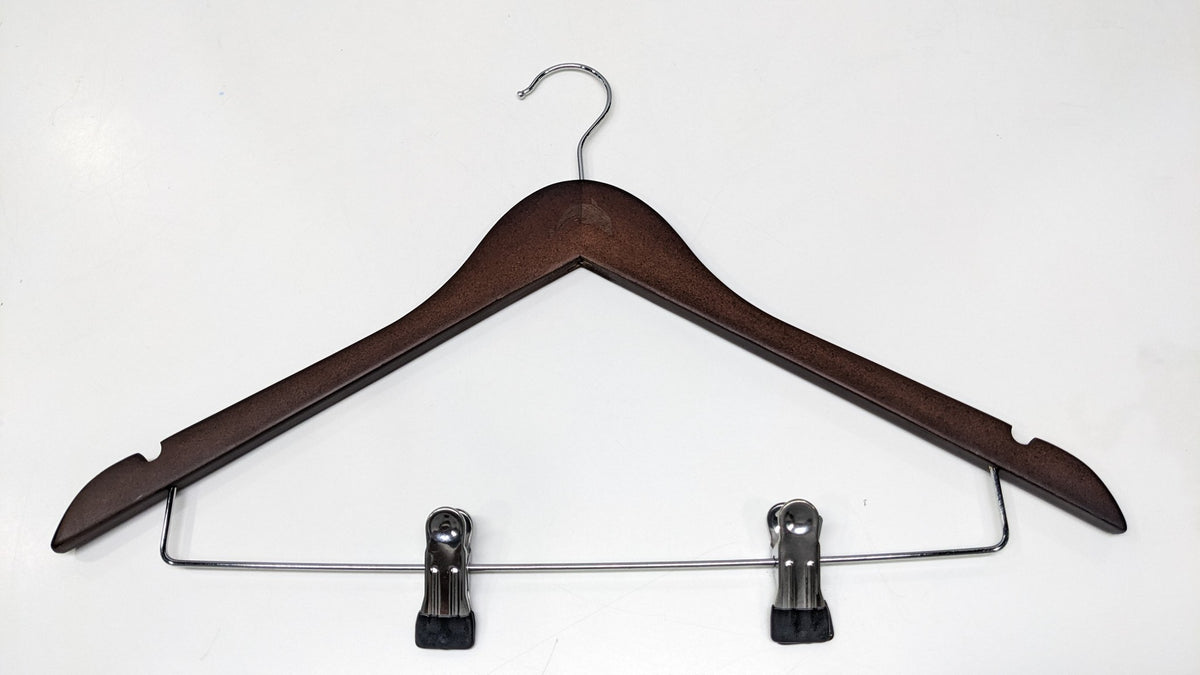 Dolphy brown timber clothes hanger with chrome hook and two trouser clips on a steel bar