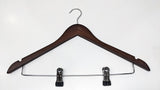 Dolphy brown timber clothes hanger with chrome hook and two trouser clips on a steel bar