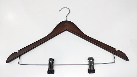 Dolphy brown timber clothes hanger with chrome hook and two trouser clips on a steel bar