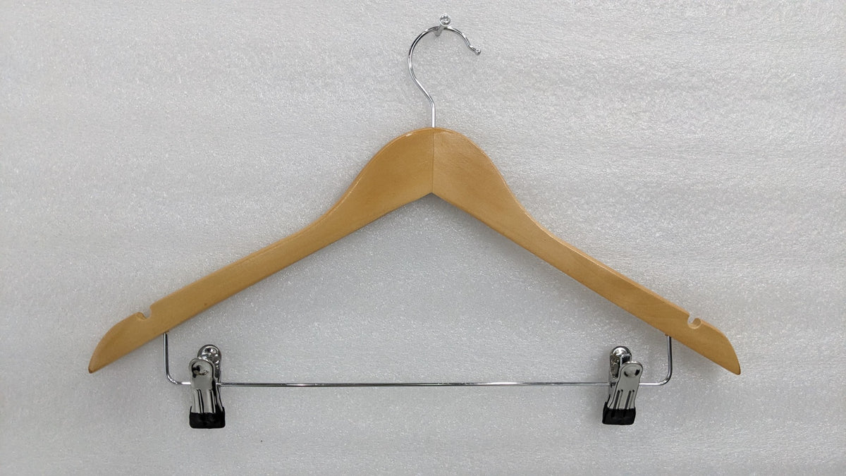 Dolphy natural wood clothes hanger with chrome hook and two trouser clips