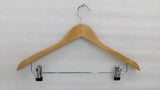 Dolphy natural wood clothes hanger with chrome hook and two trouser clips