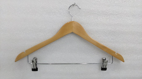 Dolphy natural wood clothes hanger with chrome hook and two trouser clips