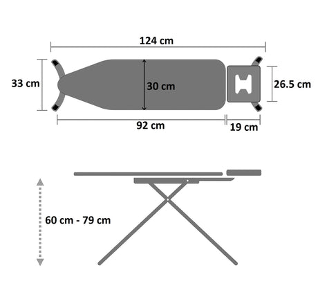 Dolphy ironing board dimensions: 92 x 30 cm board, 124 cm overall, height adjusts 60 to 79 cm