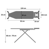 Dolphy ironing board dimensions: 92 x 30 cm board, 124 cm overall, height adjusts 60 to 79 cm