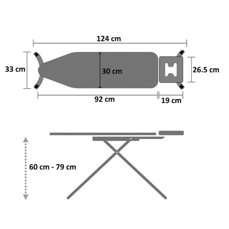 Dolphy ironing board dimensions: 92 x 30 cm board, 124 cm overall, height adjusts 60 to 79 cm