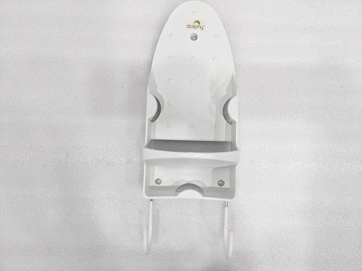 Dolphy white iron holder front view showing the iron rest, cord tray and two board hooks