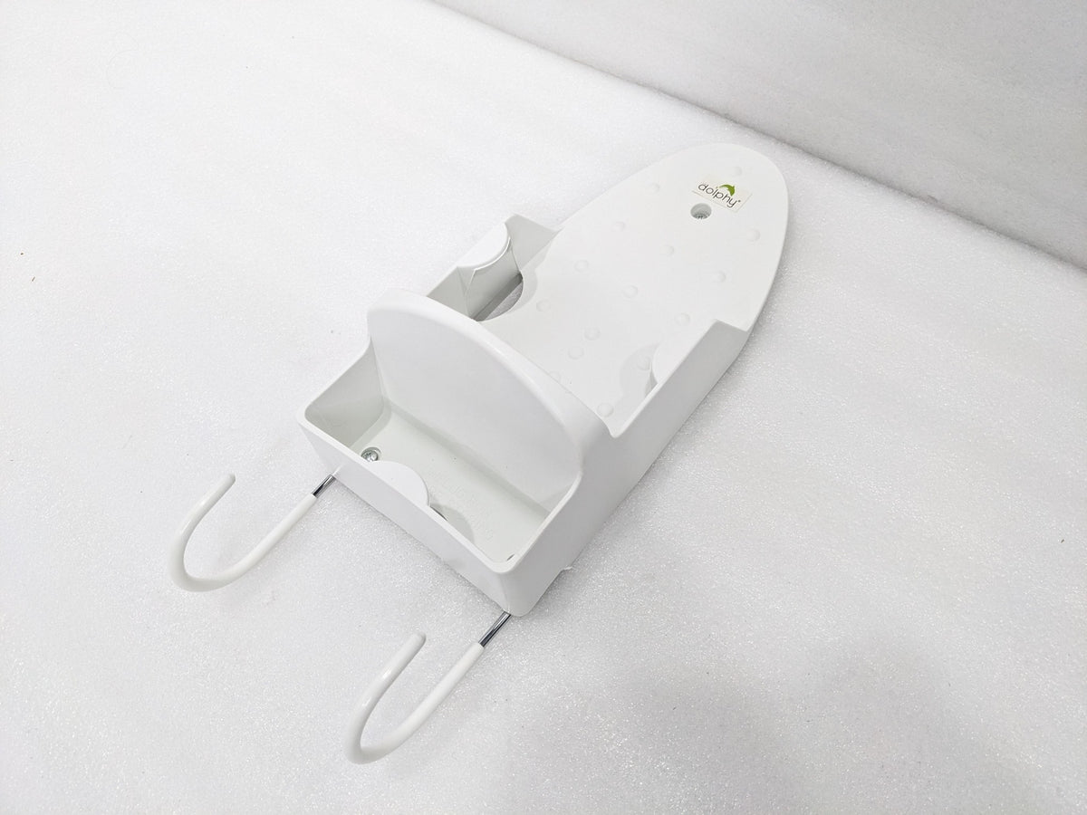 Dolphy white iron and ironing board holder at an angle, showing the curved board hooks