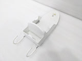 Dolphy white iron and ironing board holder at an angle, showing the curved board hooks