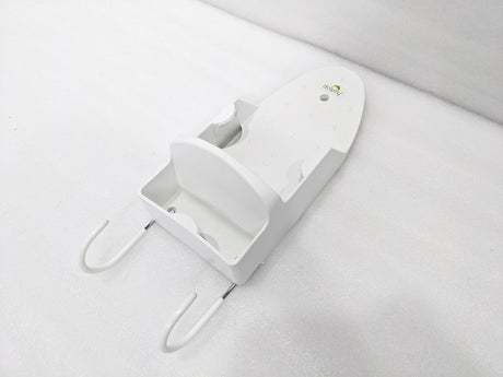 Dolphy white iron and ironing board holder at an angle, showing the curved board hooks