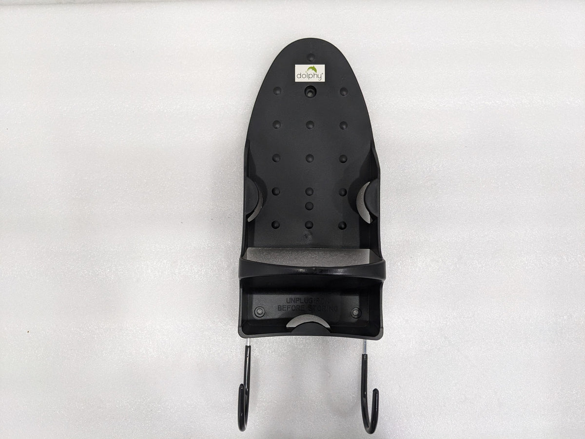 Dolphy black wall-mounted iron and ironing board holder, front view