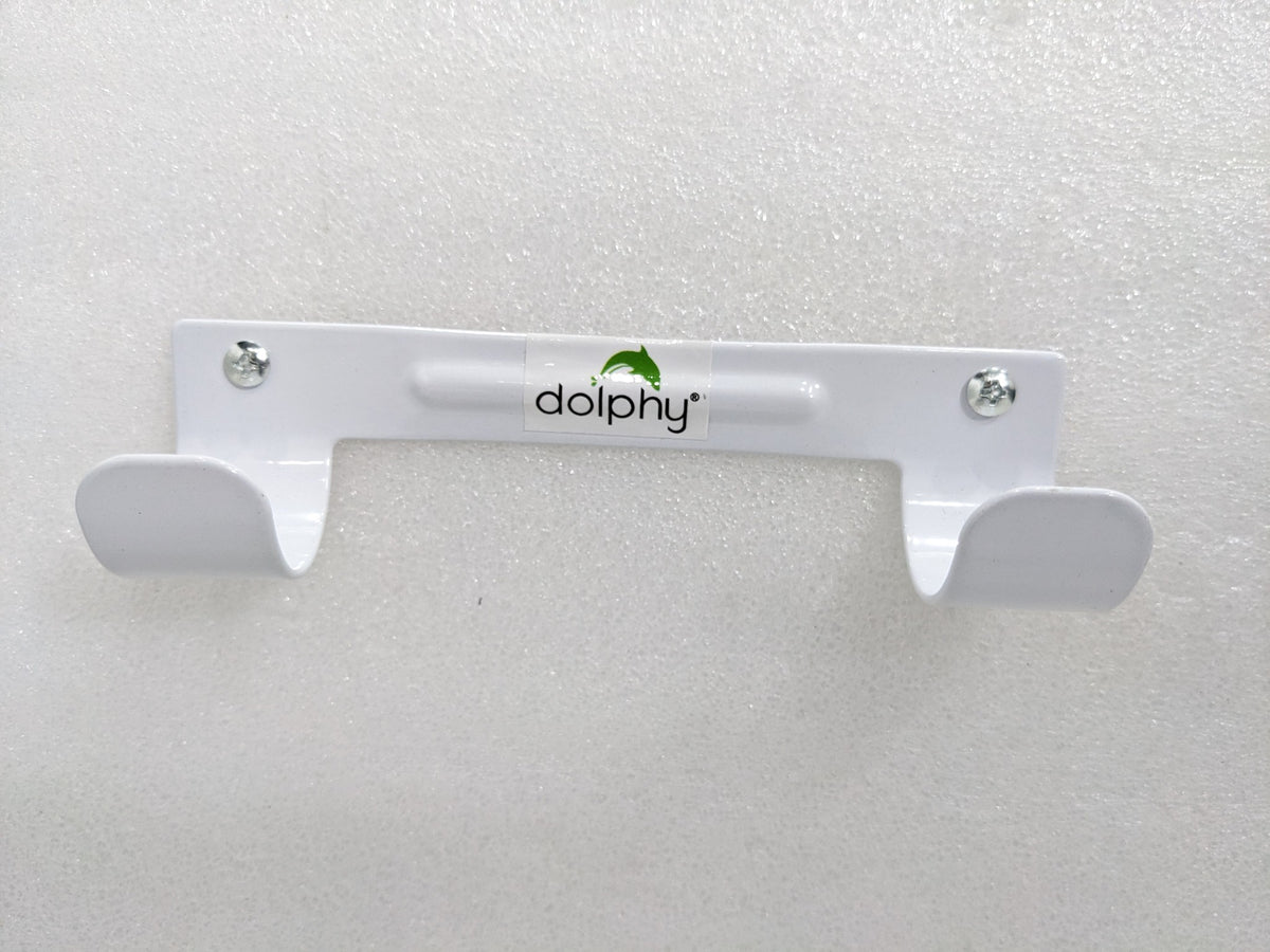 Dolphy white steel wall-mount ironing board holder with two curved hooks, front view
