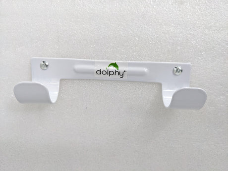Dolphy white steel wall-mount ironing board holder with two curved hooks, front view