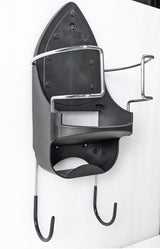 Dolphy iron and ironing board holder mounted on a wall, side angle showing the two board hooks