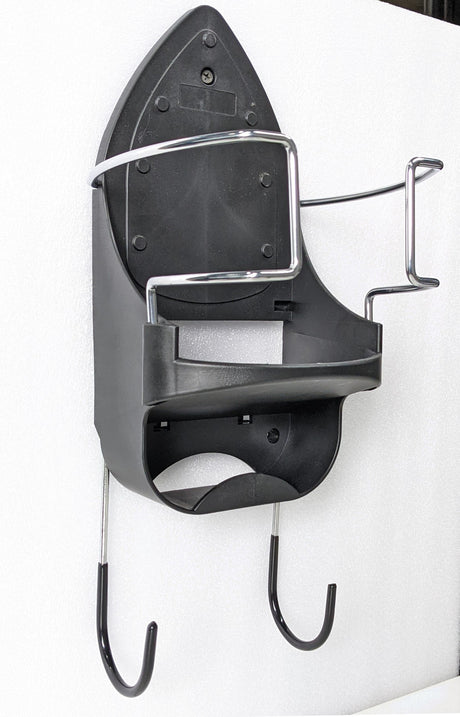 Dolphy iron and ironing board holder mounted on a wall, side angle showing the two board hooks