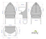 Dolphy iron and board holder drawing: 390 mm high, 170 mm wide, 150 mm deep, 105 mm hooks