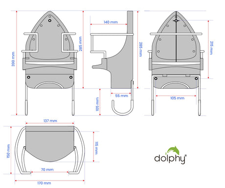 Dolphy iron and board holder drawing: 390 mm high, 170 mm wide, 150 mm deep, 105 mm hooks