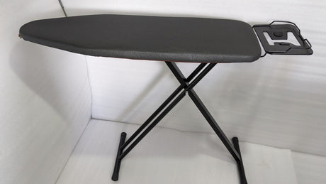 Dolphy large black folding ironing board standing open with its iron rest