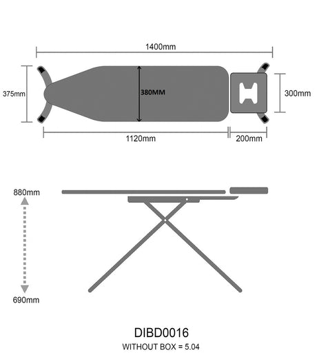 Dolphy ironing board dimensions: 112 x 38 cm board, 140 cm overall, height adjusts 69 to 88 cm