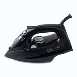 Dolphy black electric steam iron, side view showing the dial and water tank