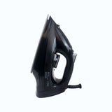 Dolphy black steam iron standing upright on its heel rest