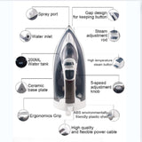 Dolphy steam iron features: spray port, 200ml water tank, ceramic base plate, 5-speed steam knob