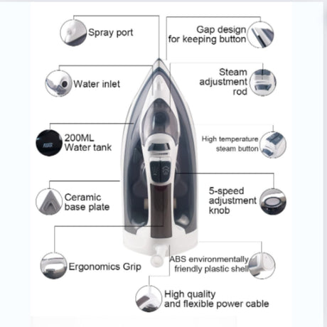 Dolphy steam iron features: spray port, 200ml water tank, ceramic base plate, 5-speed steam knob