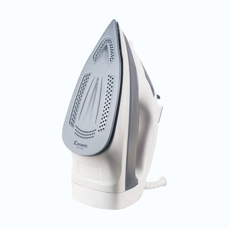 Dolphy white and grey steam iron standing on its heel, showing the soleplate