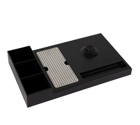 Dolphy black ABS kettle tray with three caddy compartments, drip mat, kettle base and spoon slot