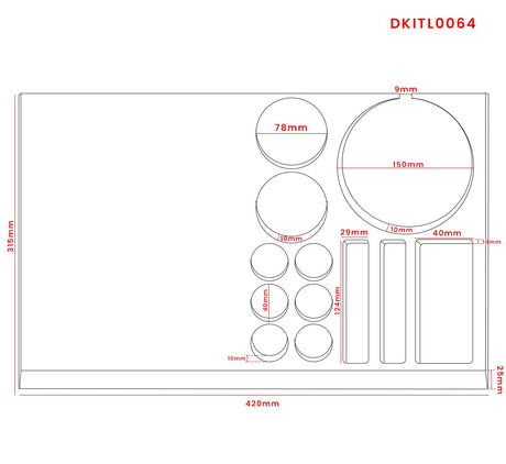 Dolphy DKTL0064 tray drawing: 420 x 315 mm with kettle, cup and sachet compartments