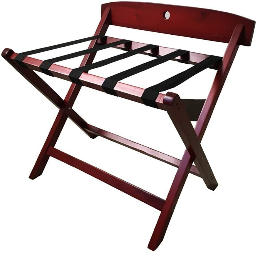 Dolphy wooden luggage rack with backrest, open, showing four black webbing straps