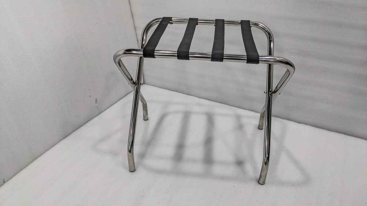 Dolphy chrome folding luggage rack with four black straps, front view