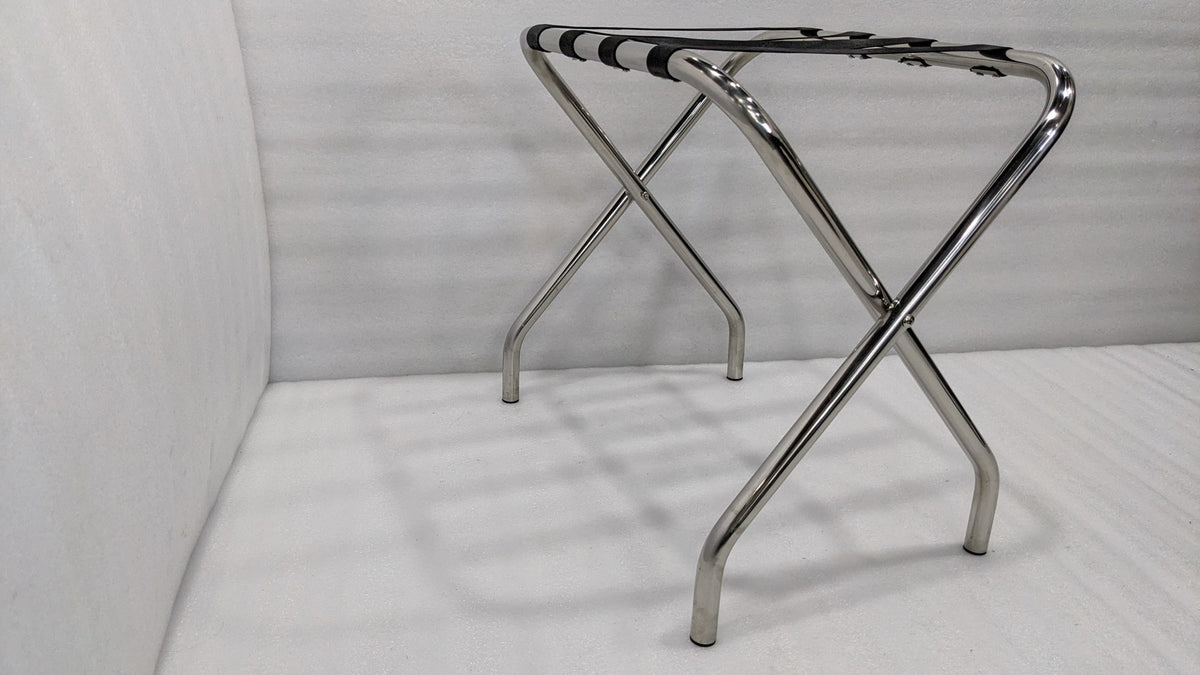 Dolphy stainless steel luggage rack, side view of the X-frame legs