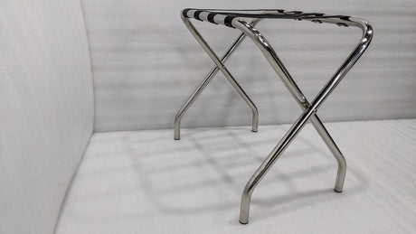 Dolphy stainless steel luggage rack, side view of the X-frame legs